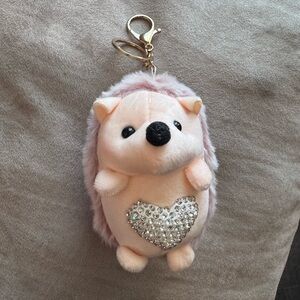 Plush Hedgehog Keychain with Rhinestone Heart - Pink